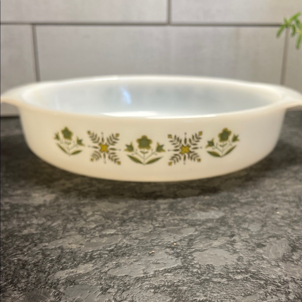 Vintage Meadow Green Fire King 9” Patterned White Baking Dish